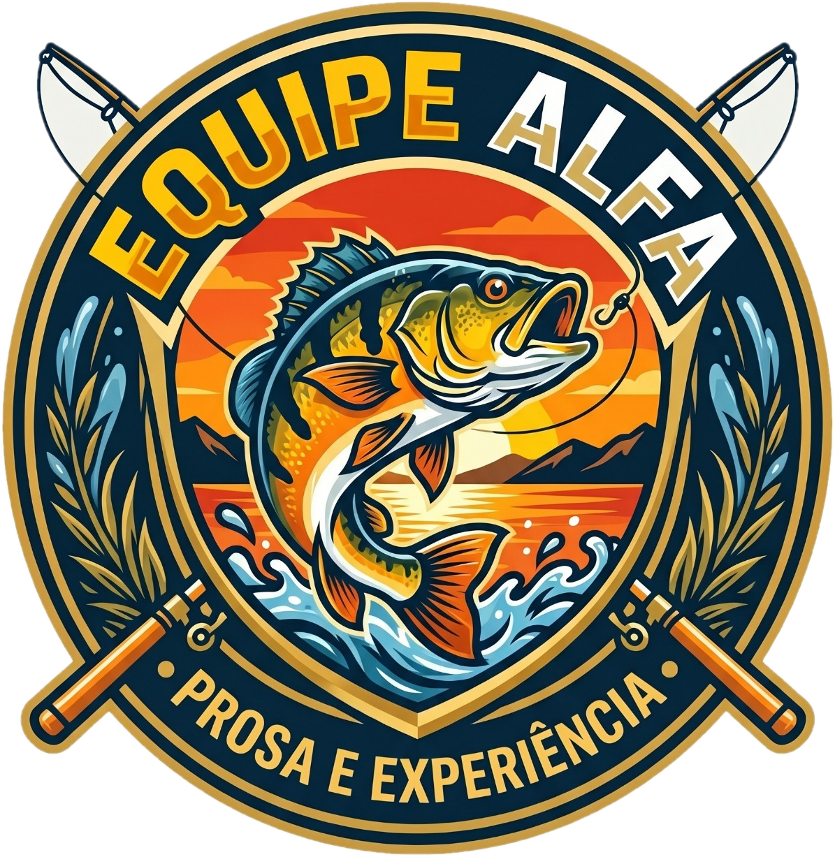 Emblema oficial da Equipe Alfa com peixe, água e varas